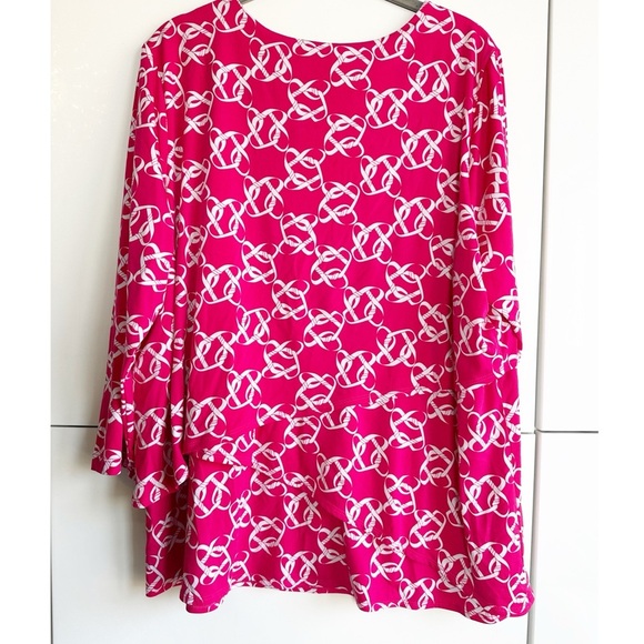 Susan Graver Liquid Knit Pink White Blouse Tiered Chainlink Pattern 3/4 Sleeves - Picture 5 of 7